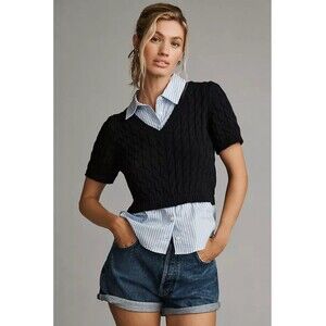 Maeve By Anthropologie Womens Black Cable-Knit Twofer Pullover Sweater Size S